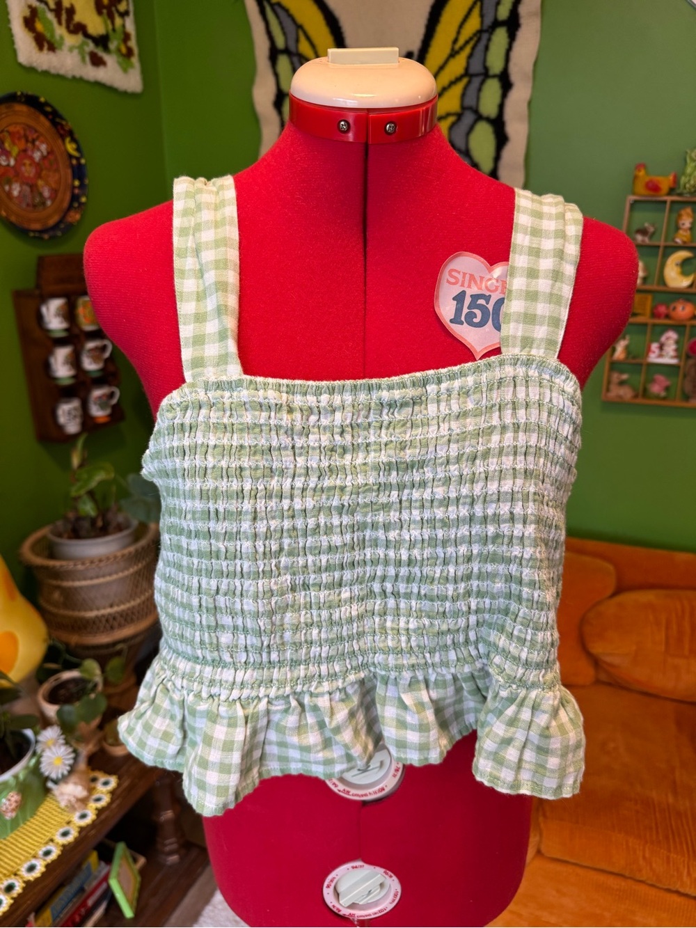 American Eagle Outfitters Green Gingham Smocked Ruffle Tank